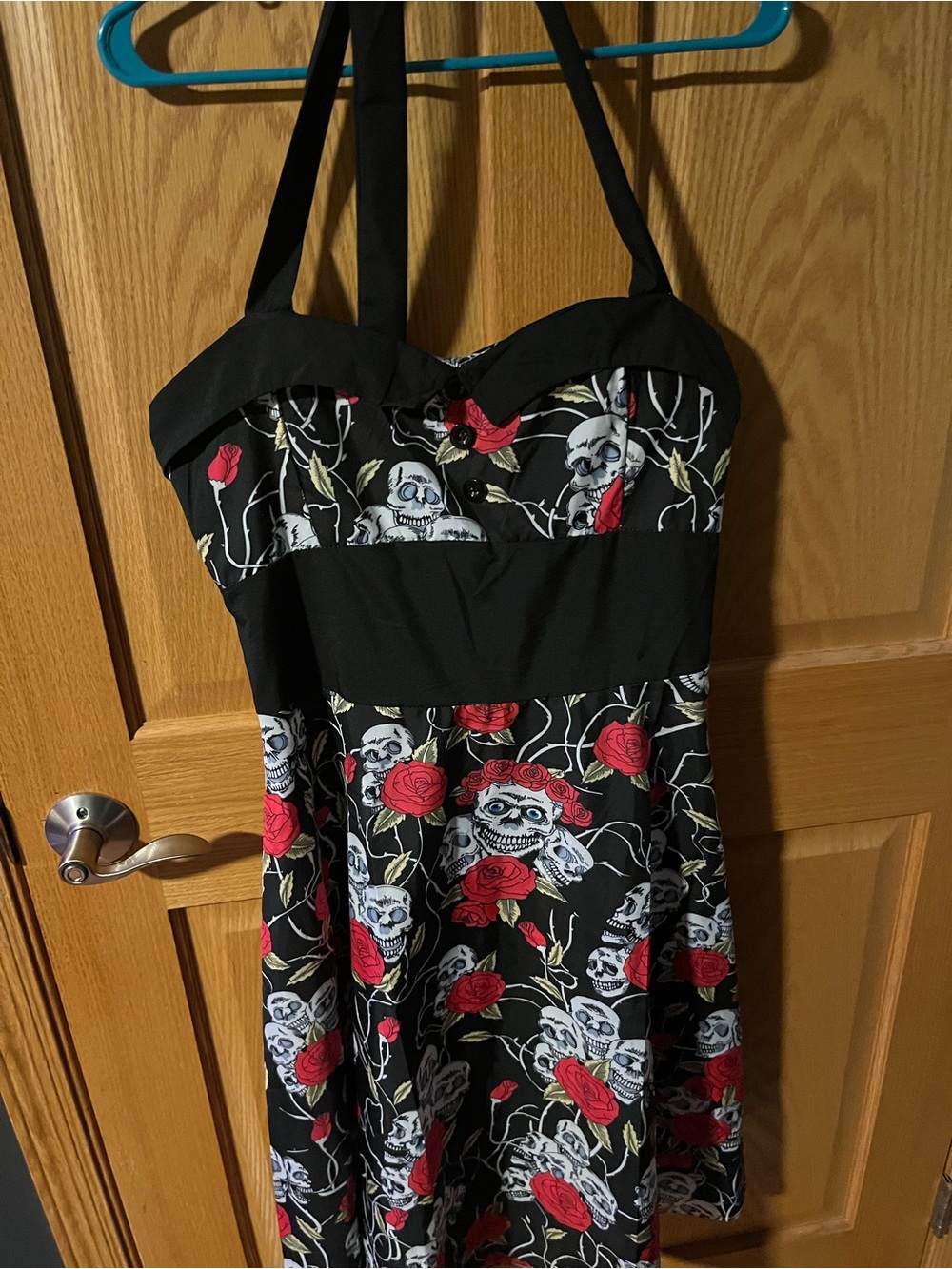 Strapless Black Dress with Red Rose & Skull Print
